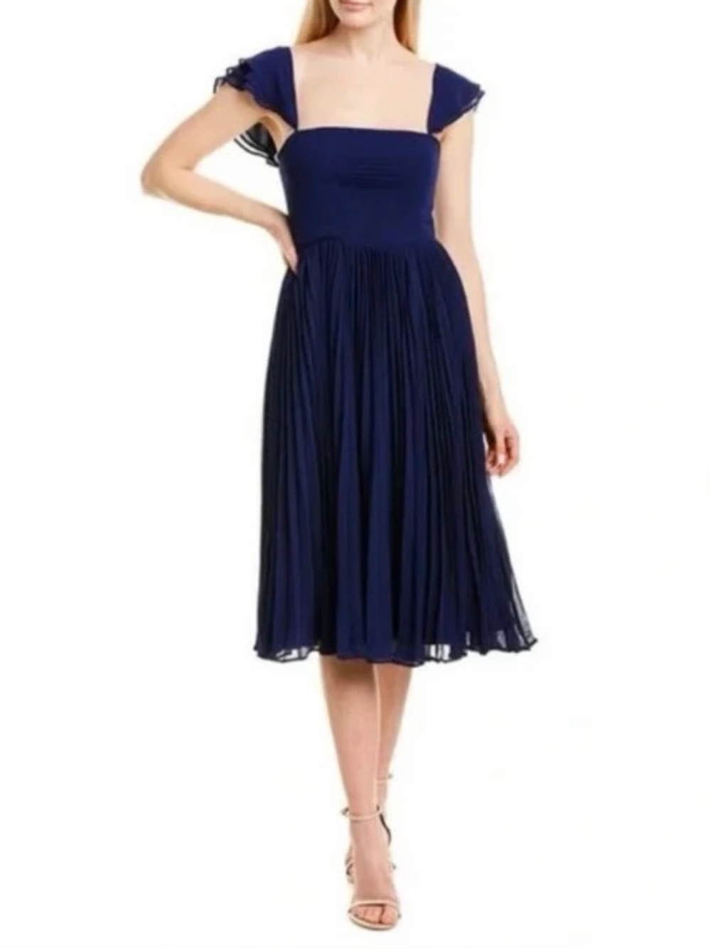 Fame & Partners Navy Flutter Sleeve Midi Dress Pleated Bodice & Skirt - Size 8